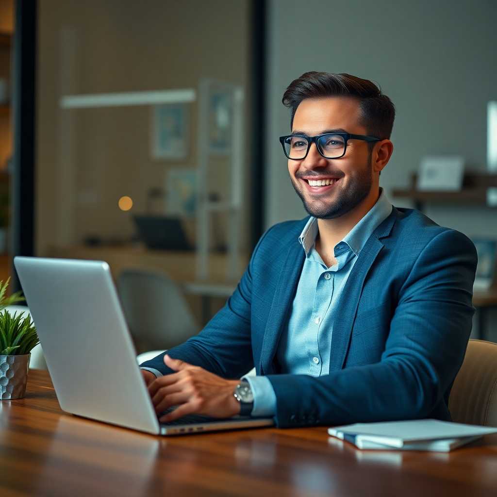 Business owner smiling while using TextSupport Sales PRO on a laptop