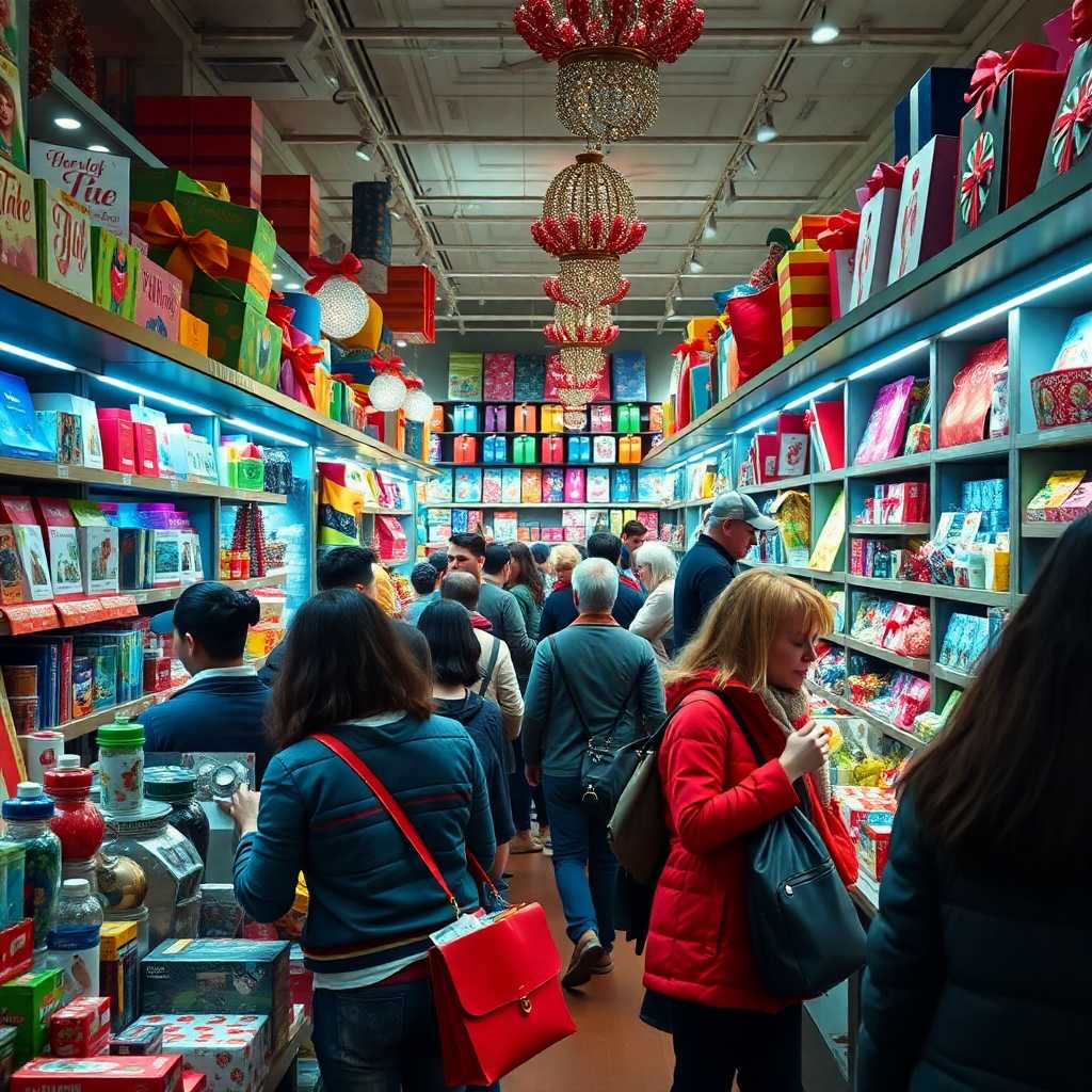 A bustling gift shop with many customers browsing products