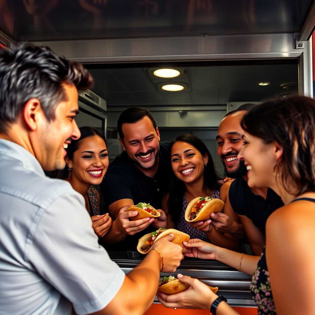 Smiling customers receiving tacos from a food truck window