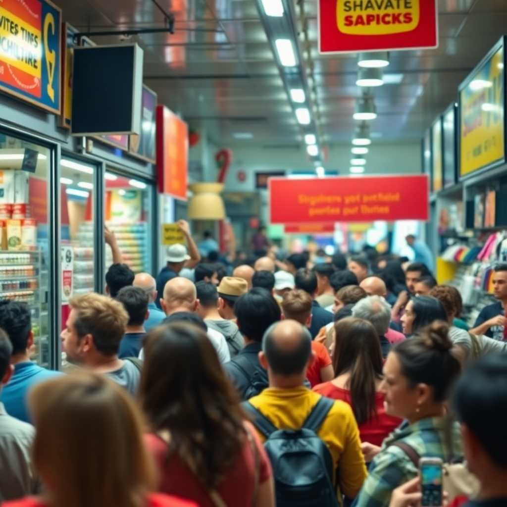 A vibrant, bustling storefront overwhelmed with customer demand. TextSupport Sales PRO eases the load.