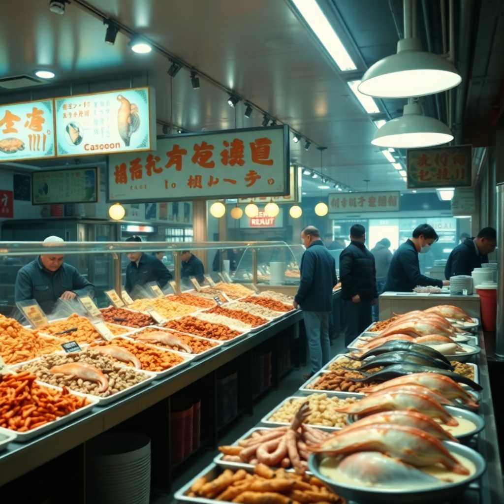 Busy seafood restaurant display with various seafood dishes