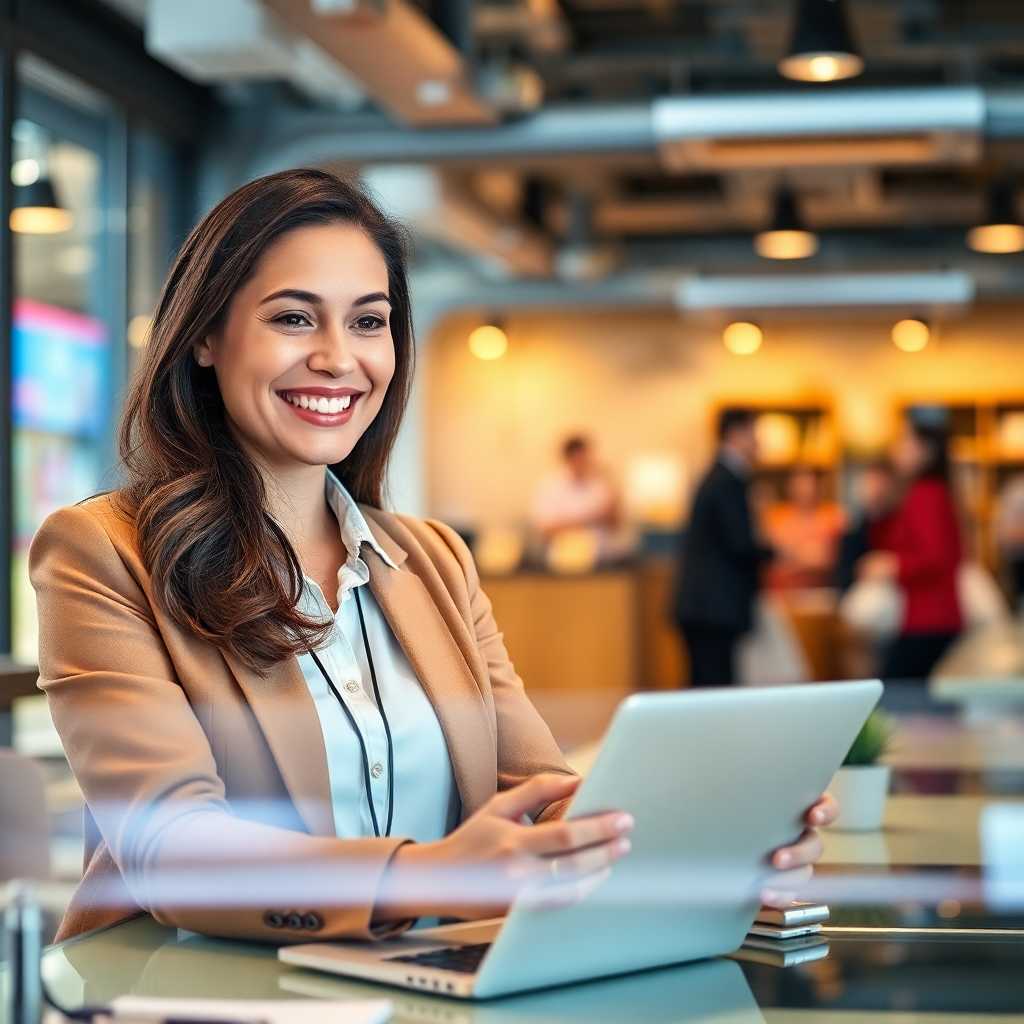 Smiling business owner multitasking on digital platforms