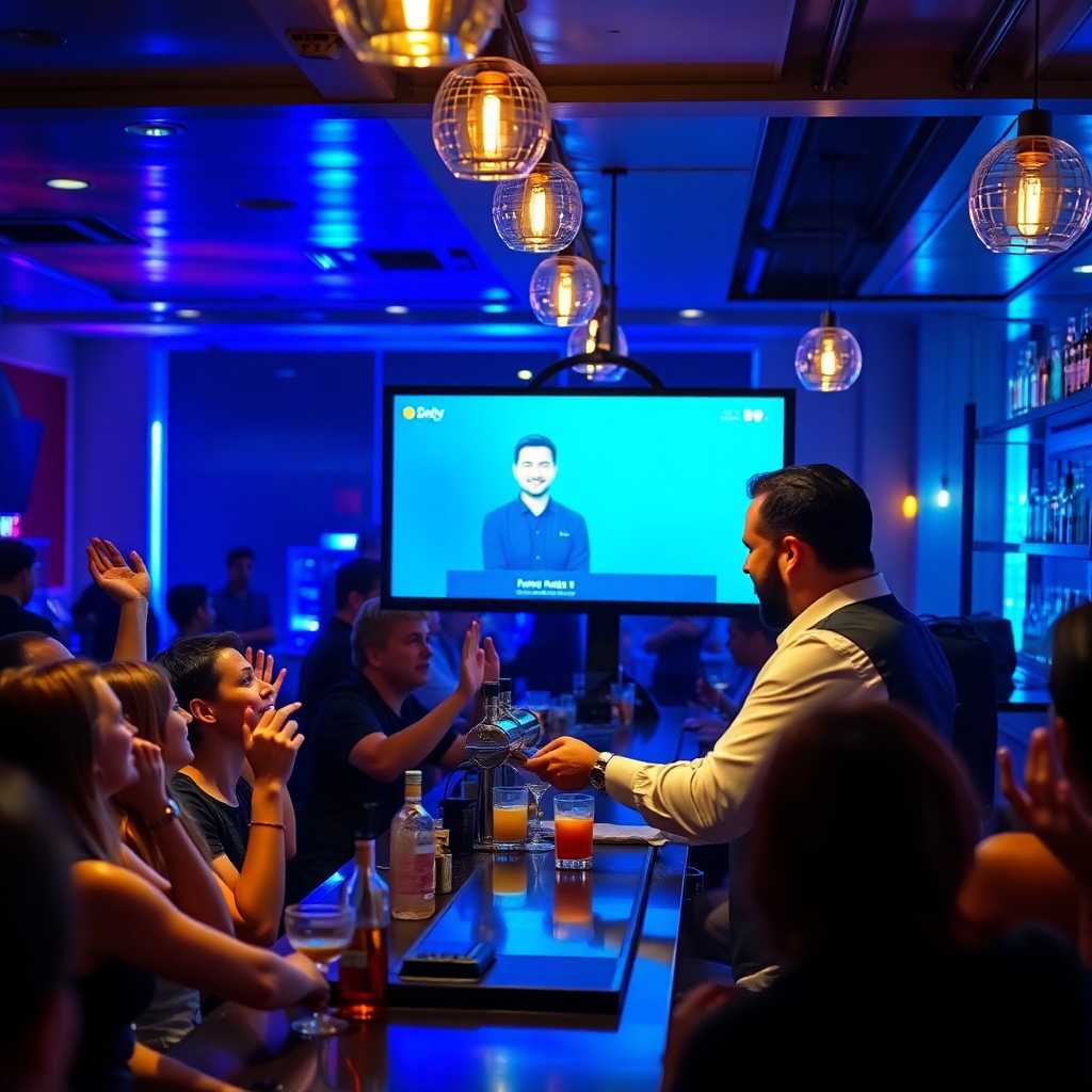 A bartender serving a enthusiastic crowd; an automated assistant displayed on a screen beside them.