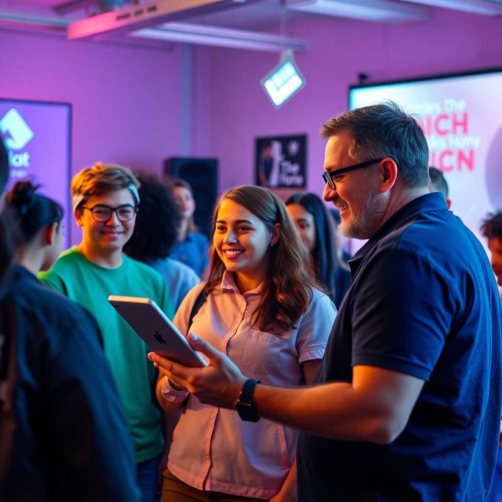 A satisfied studio owner reviewing messages with a group of students.