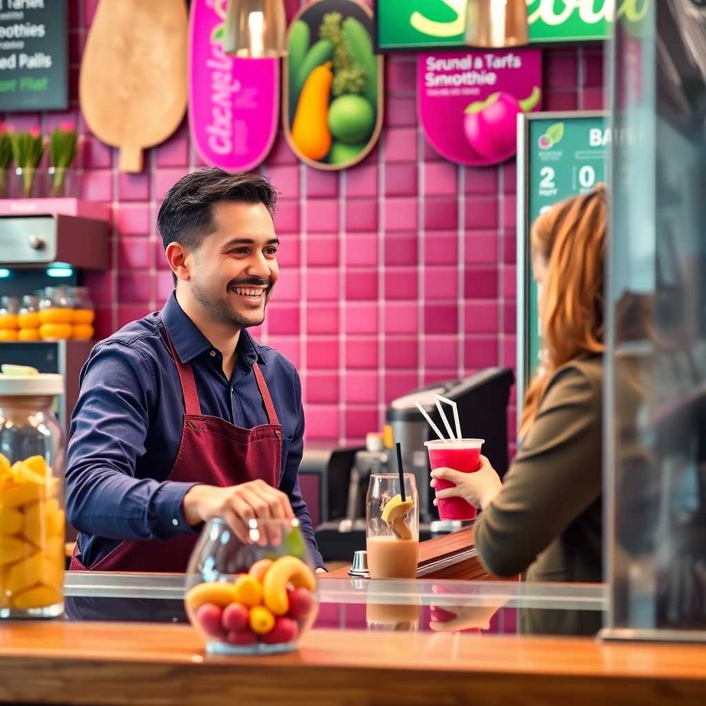 Visual of a satisfied customer receiving a quick response at a smoothie bar.