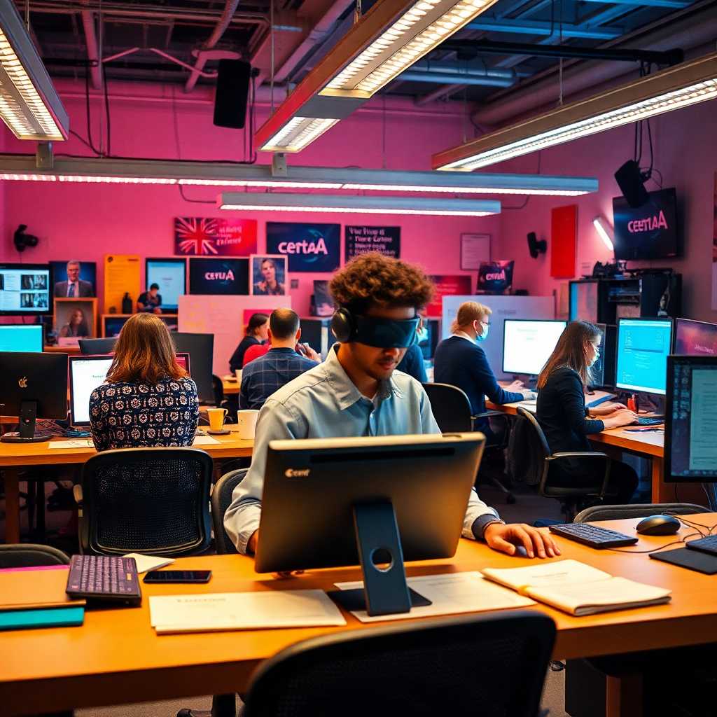 A bustling studio with trainers handling multiple texts.