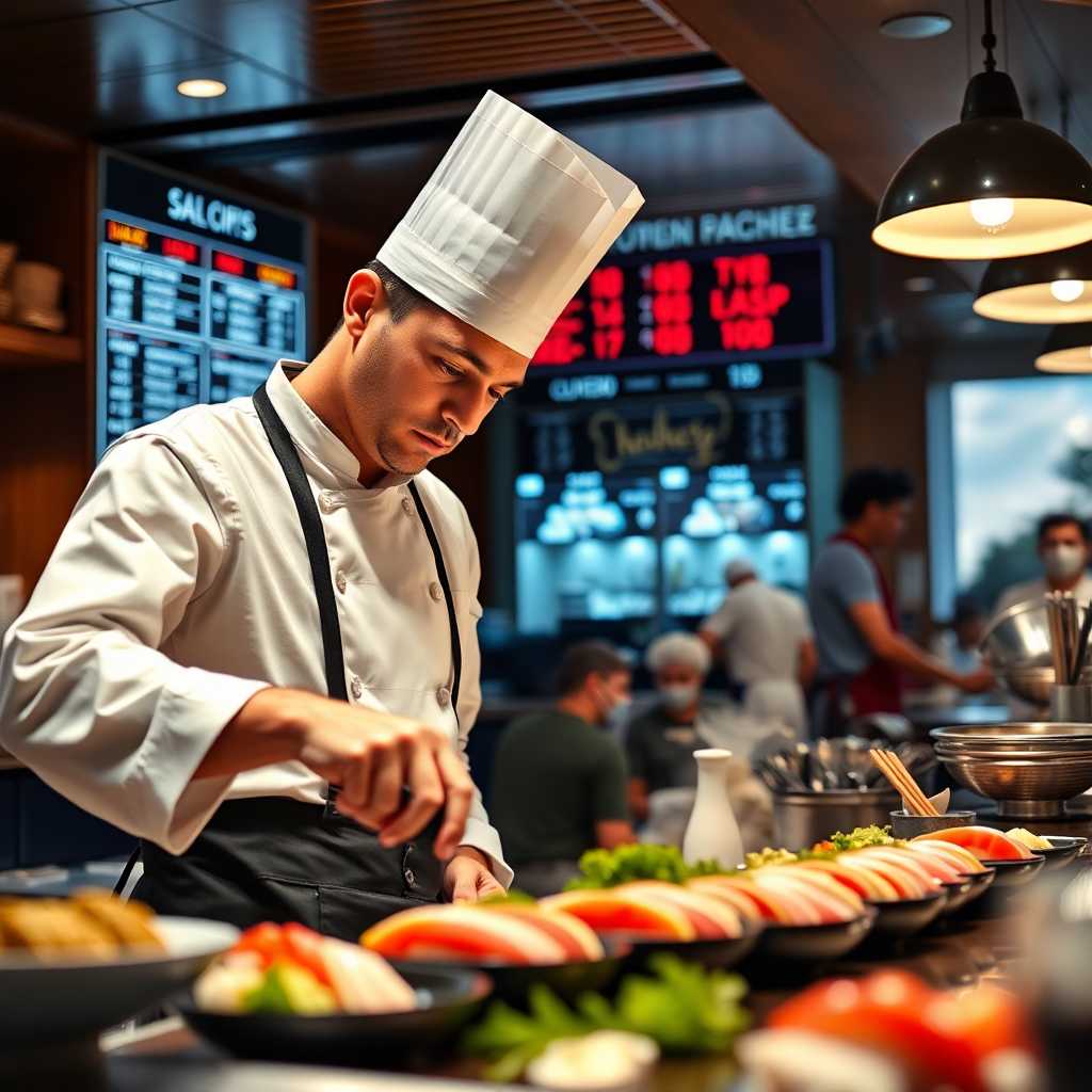 Sushi chef managing orders with digital assistance