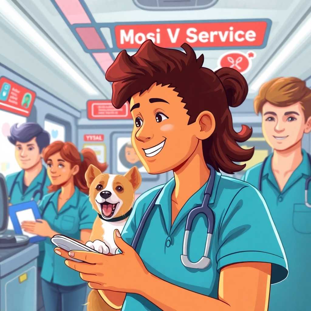 Illustration of a bustling Mobile Vet Services operation with incoming customer messages