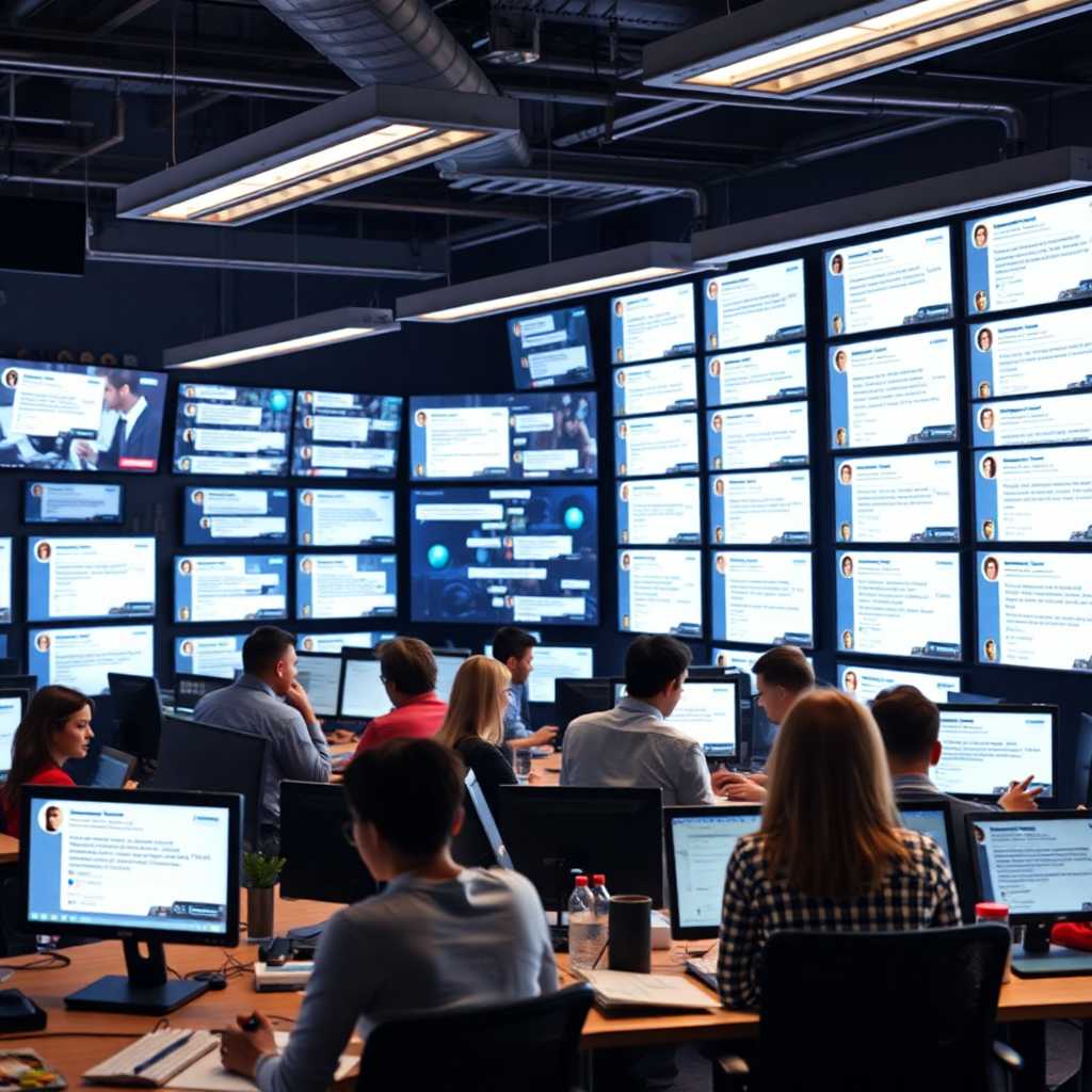 A bustling social media consulting office, screens filled with incoming texts and notifications