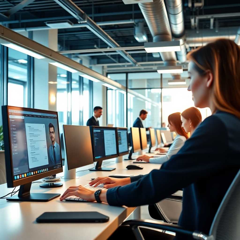 A bright office scenario with consultants efficiently using a desktop SMS portal.