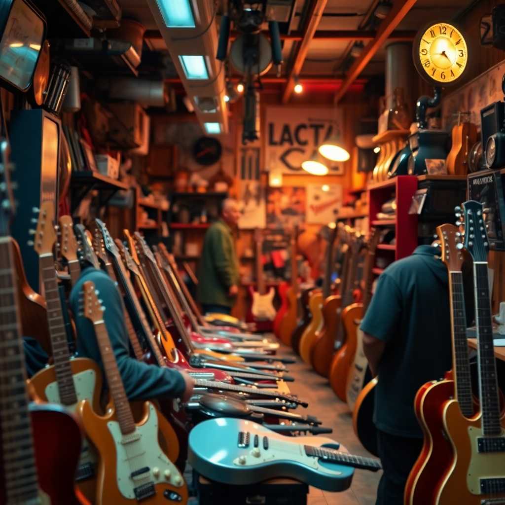 A bustling instrument repair shop with incoming text alerts