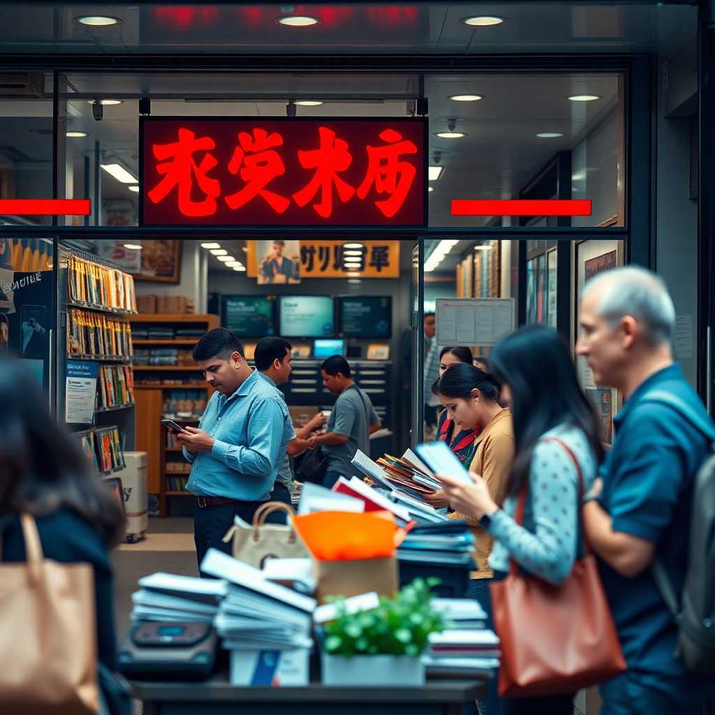 Busy storefront with staff handling texts