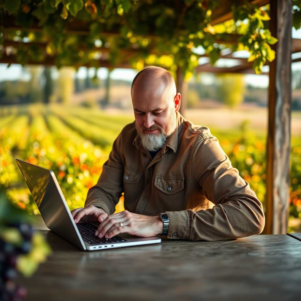 Winery owner using a laptop to manage SMS communications.