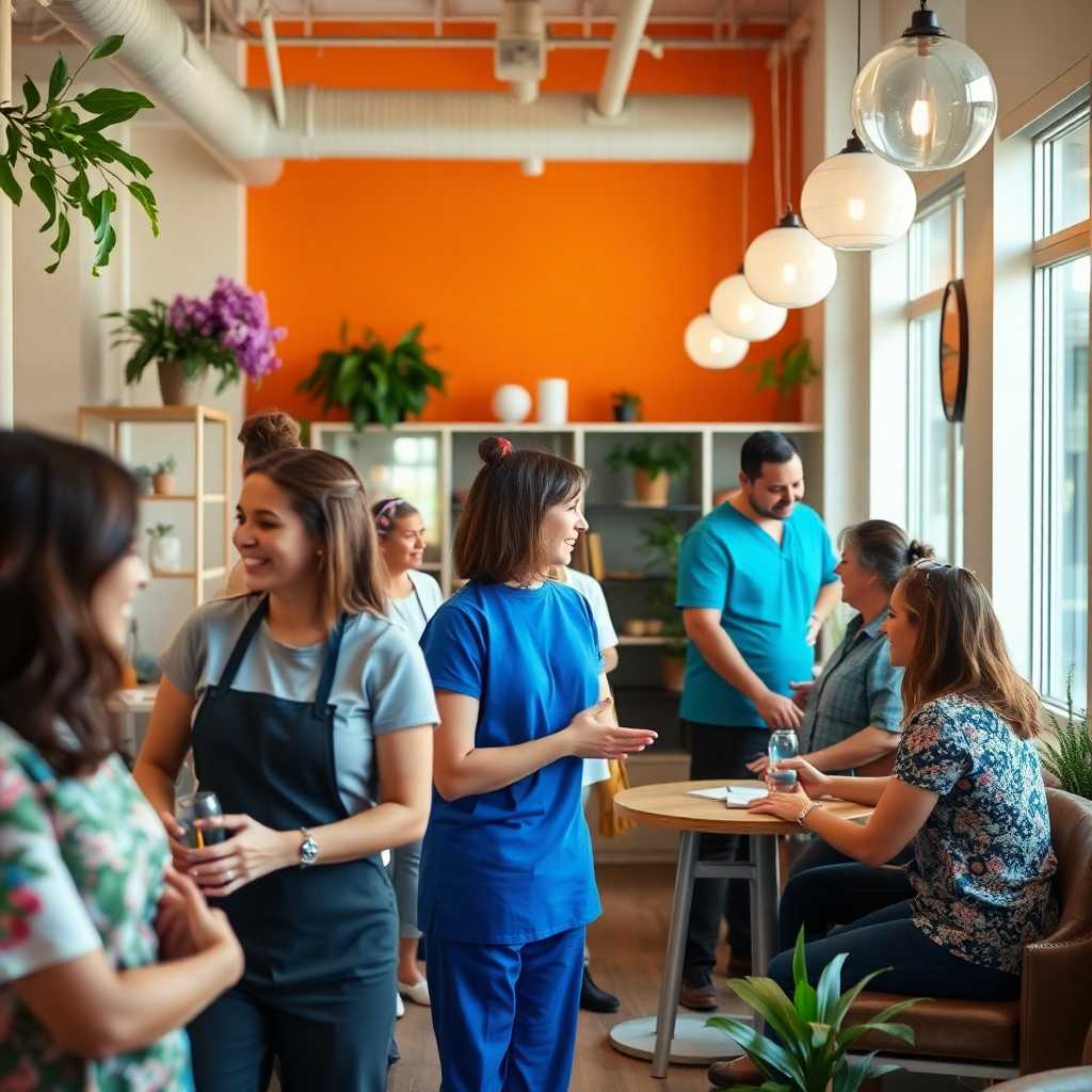 A busy wellness center with staff and clients interacting in lively exchanges