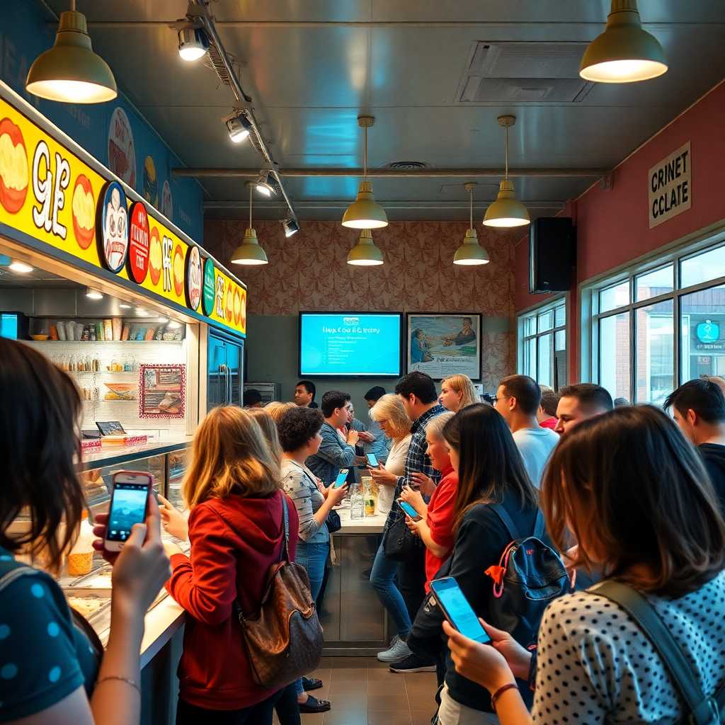 Ice cream shop bustling with customers holding phones
