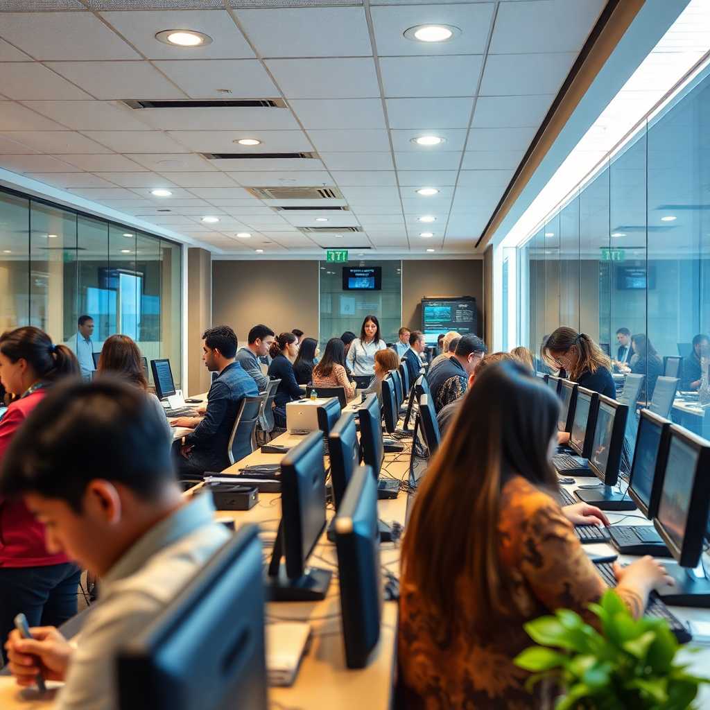 A busy IT Training Center reception with phones ringing and staff attending queries.