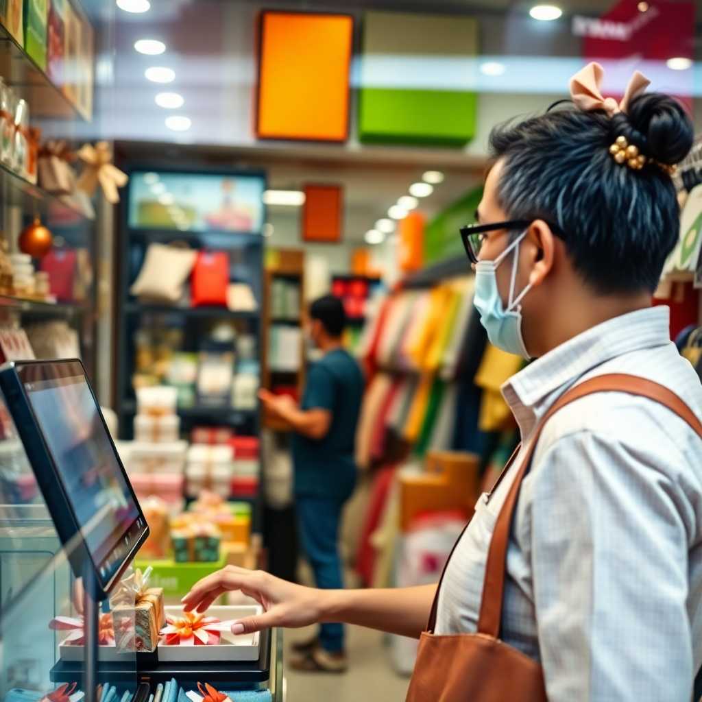 A busy Gift Shop owner managing both the physical and digital storefront.