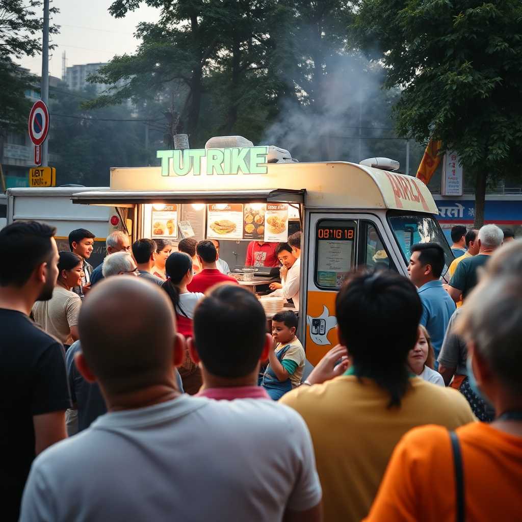 Busy food truck vendor surrounded by eager customers