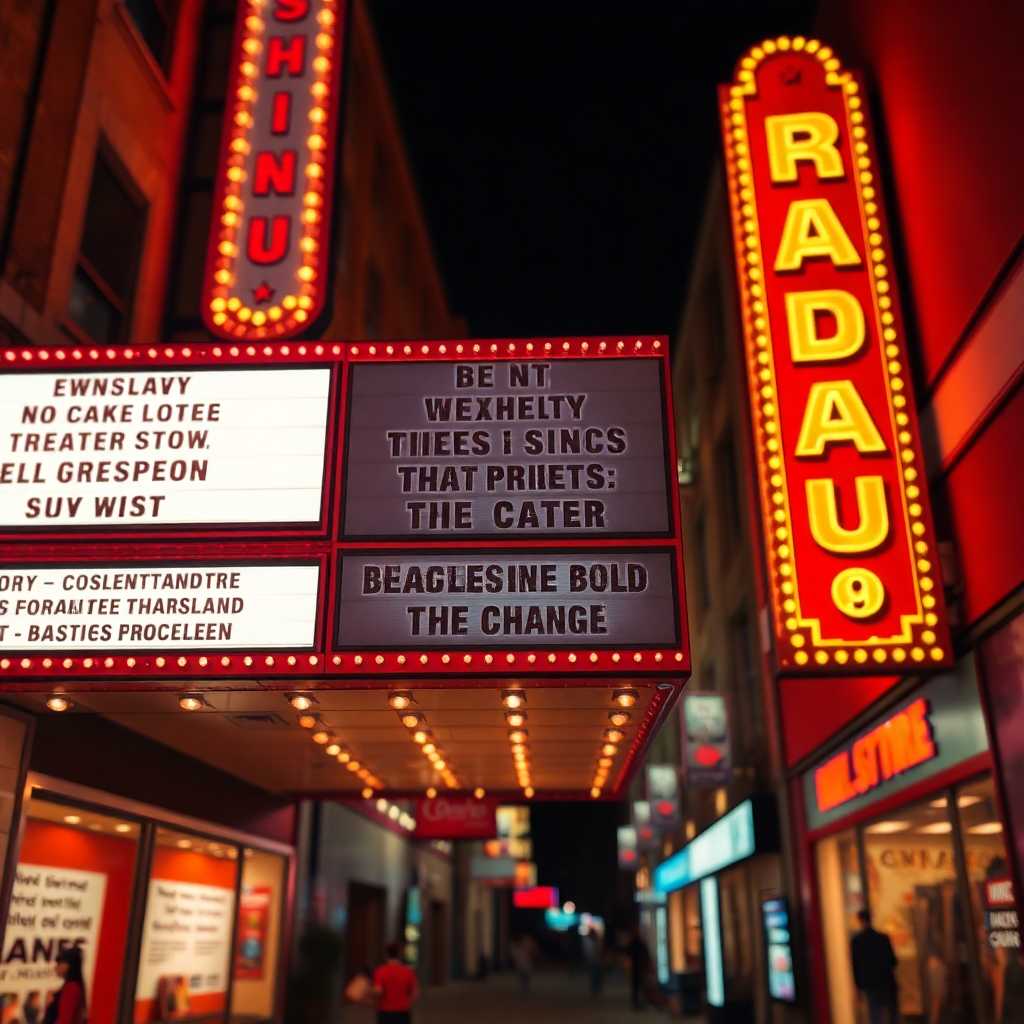 A theater marquee lit up with messages of upcoming shows and events.