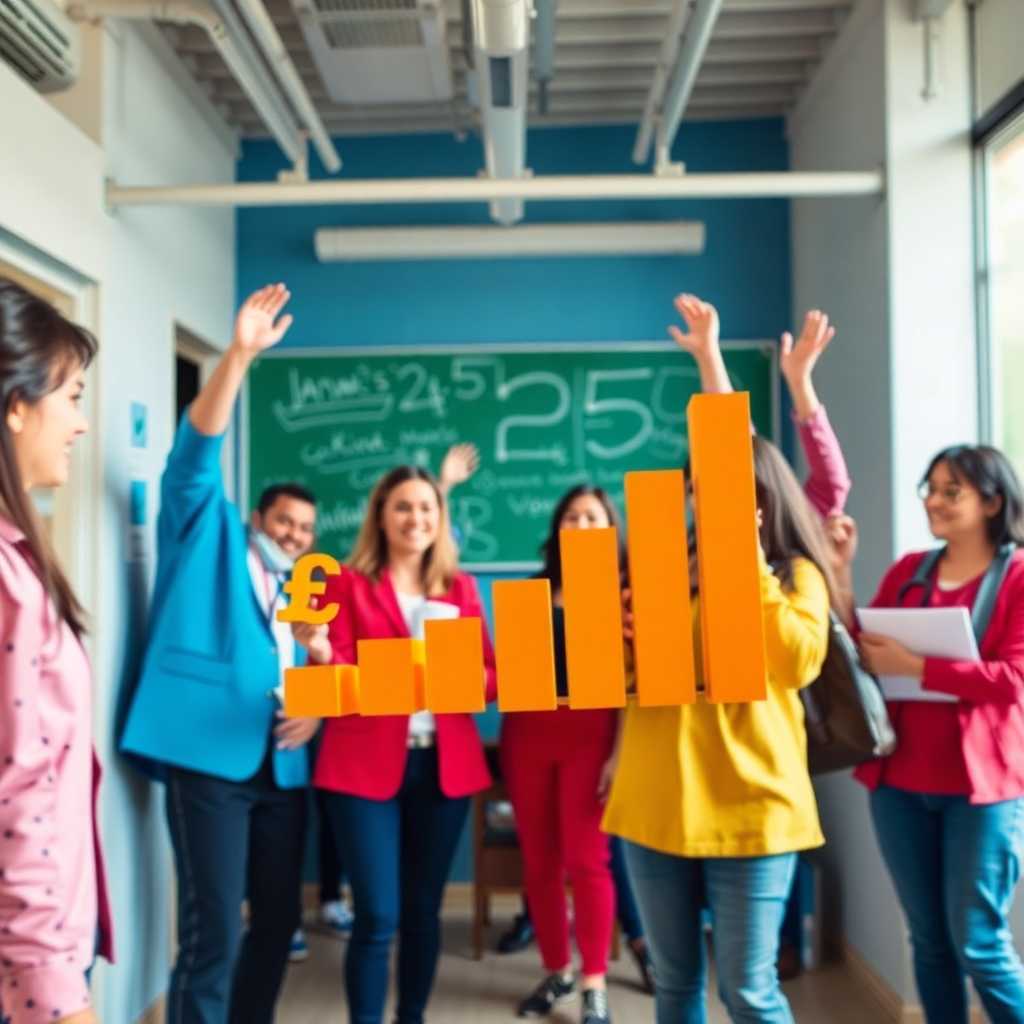 Language school staff celebrating increased enrollment figures