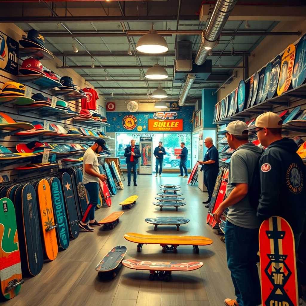 A bustling skateboard shop with customers trying out boards. Caption: Experience the serenity of seamless SMS communications at your skateboard shop: a true game-changer! 