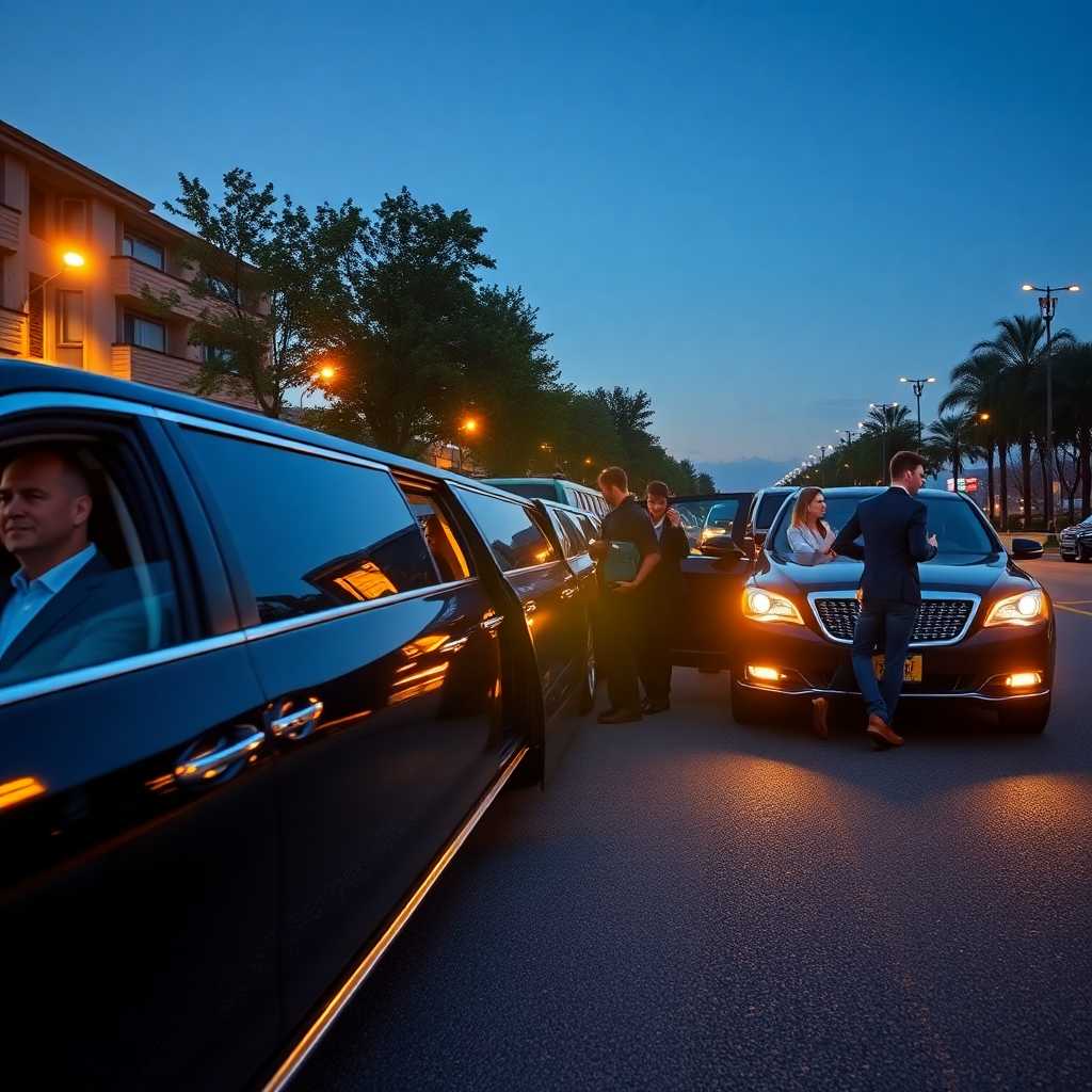 A sophisticated limo fleet with happy customers boarding