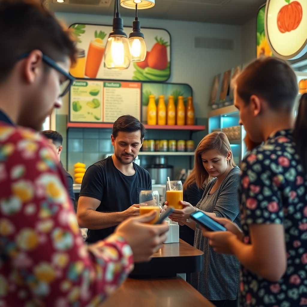 A smoothie bar owner efficiently handling orders while customers receive instant SMS replies