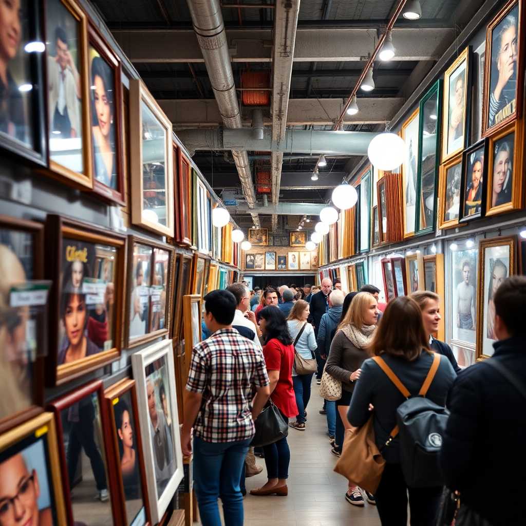 A bustling shop interior with frames and customer interactions