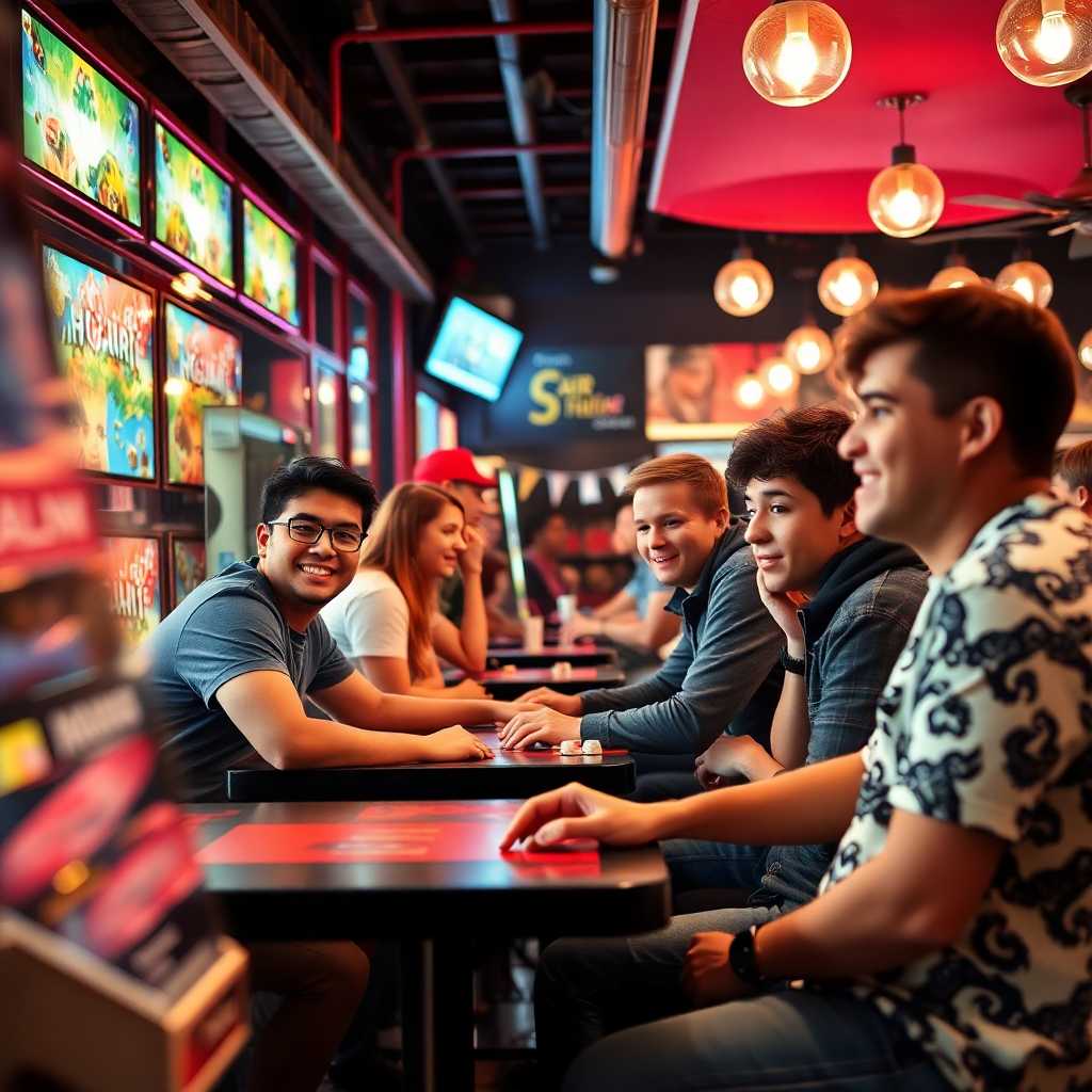 Happy customers enjoying games in an organized café