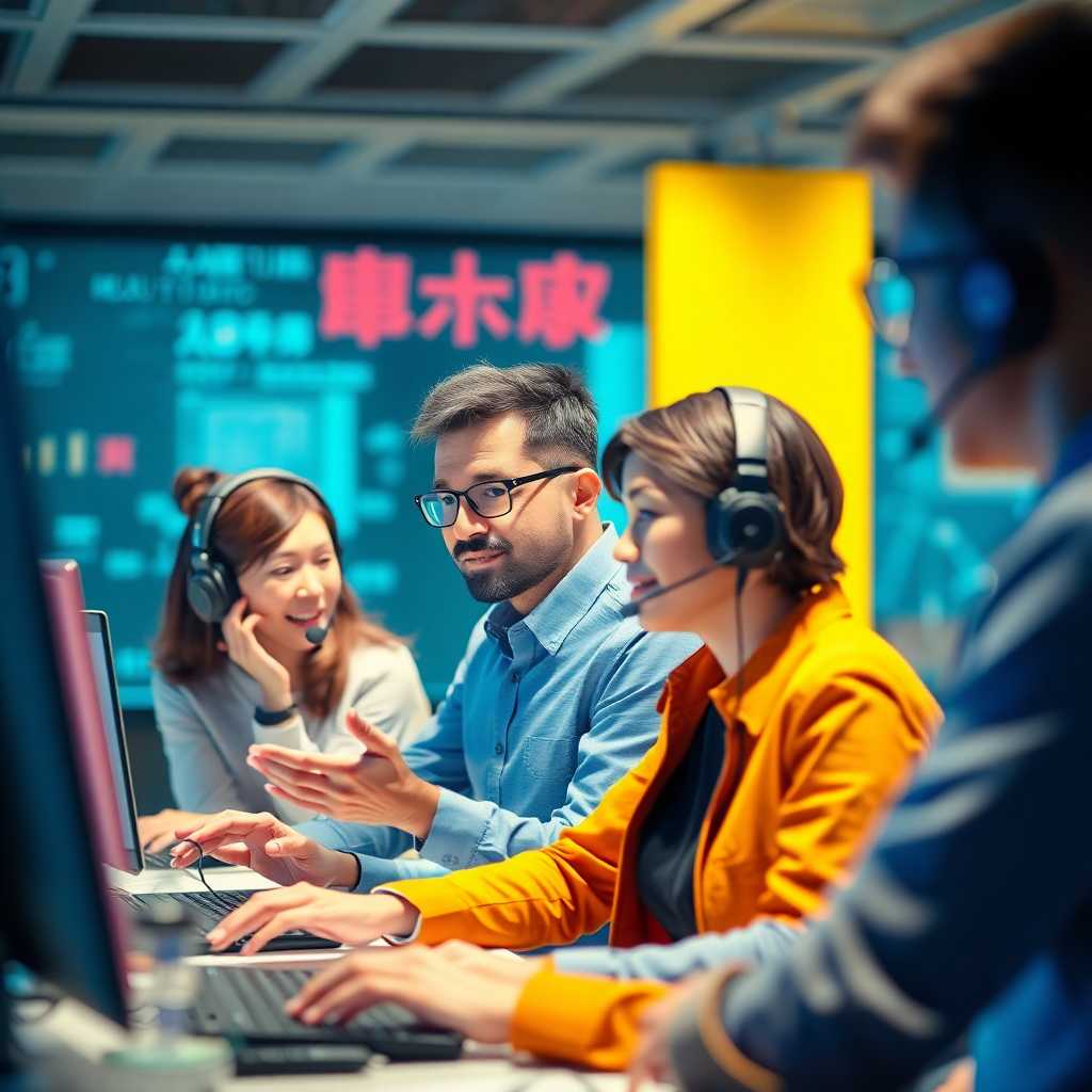 Illustration of multilingual tech support interaction.
