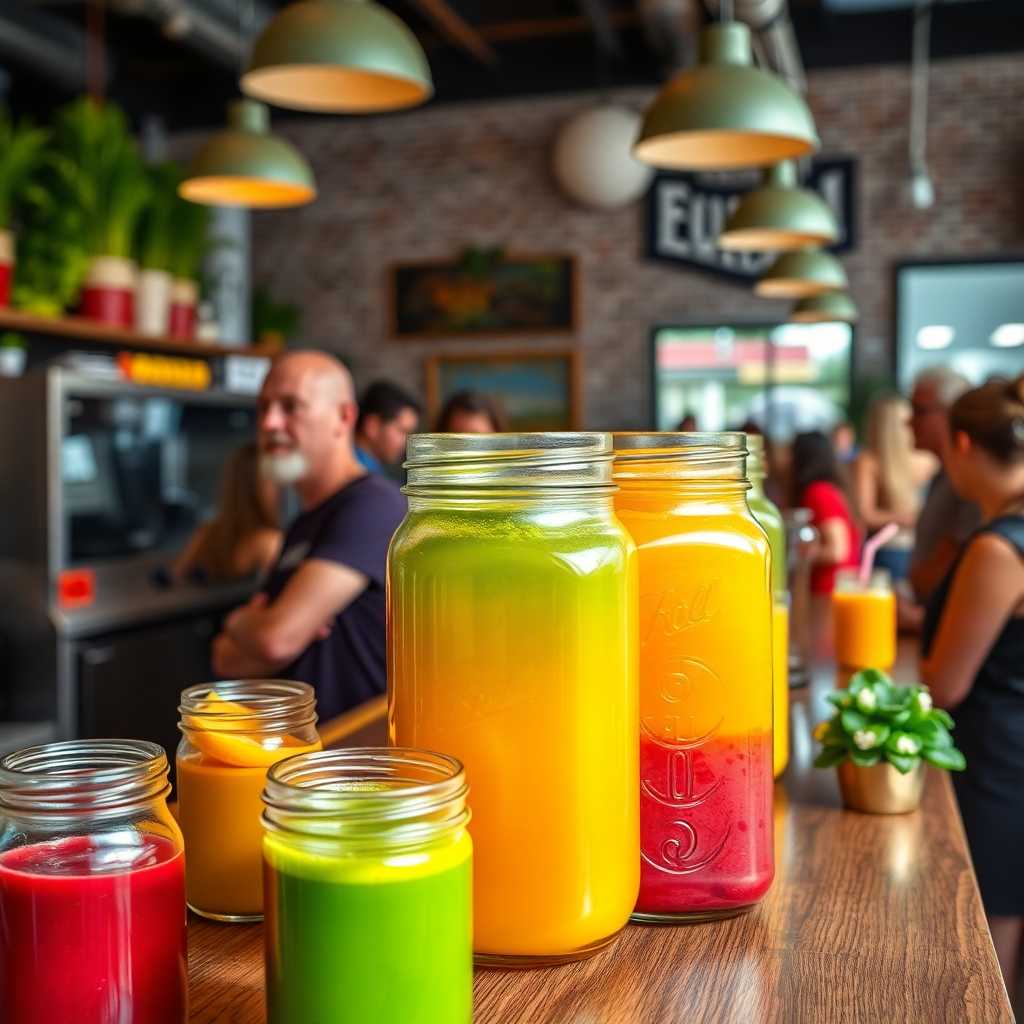 A bustling juice bar with a mason jar full of colorful juices and customers queued up