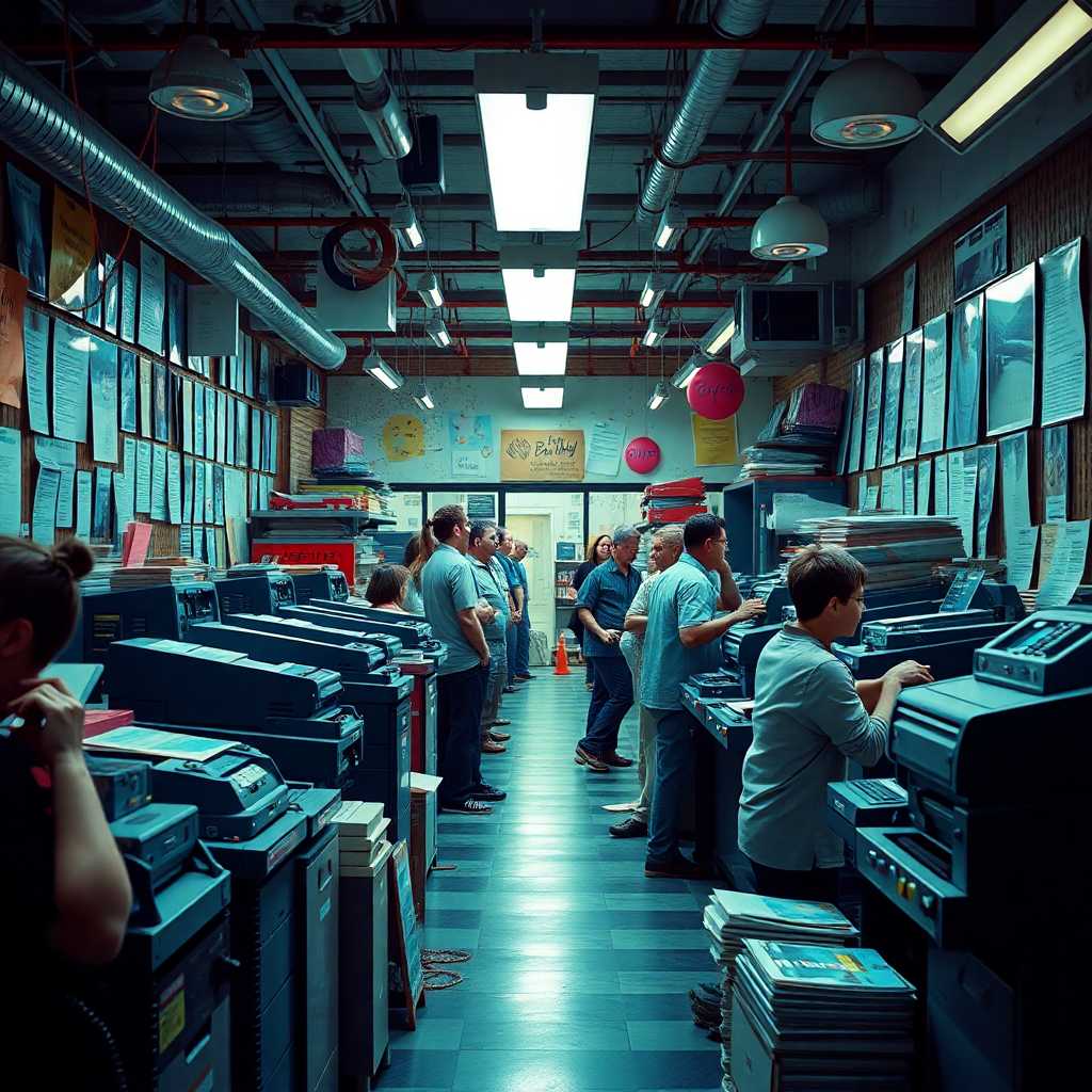 Illustrating the chaos of a busy print shop with phones ringing and customers waiting.