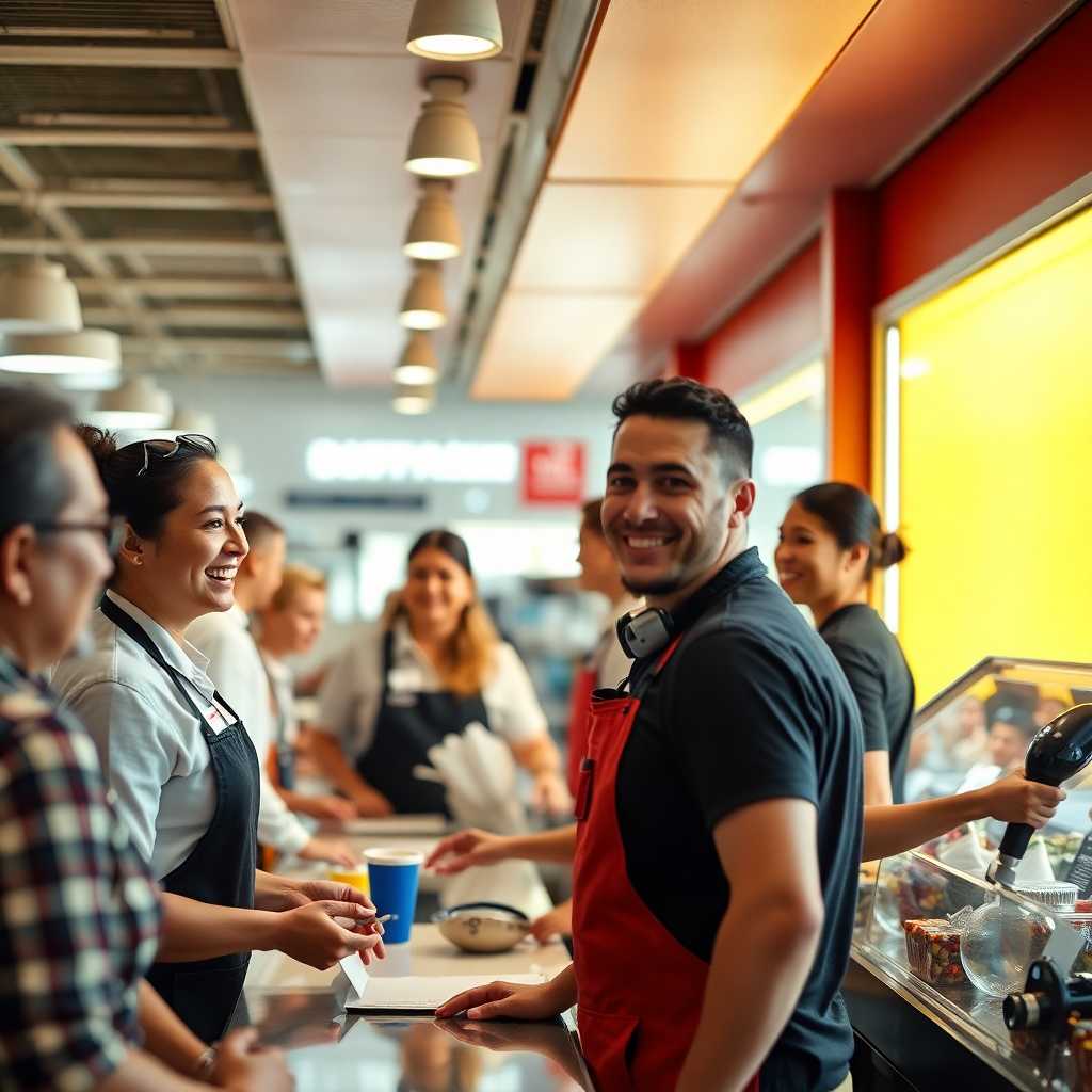 A crew of happy employees serving customers with visible excitement