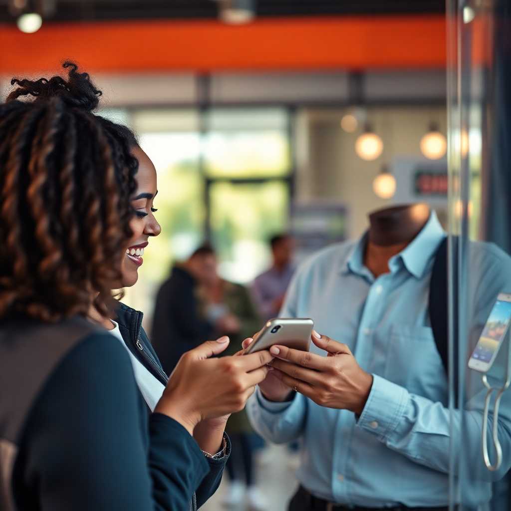 Illustrate a happy customer texting via smartphone