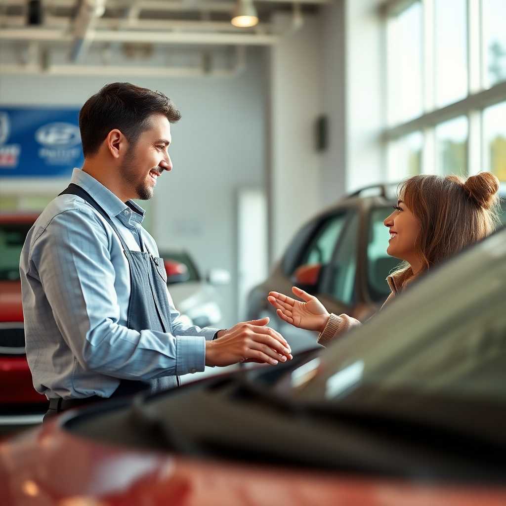 A friendly dealership employee engaging with a customer in a warm environment