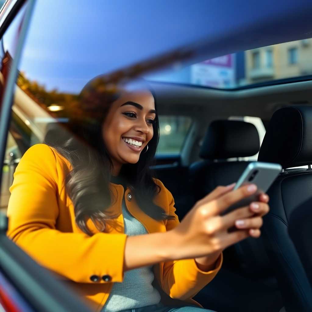 A happy customer booking a limo through a smartphone app