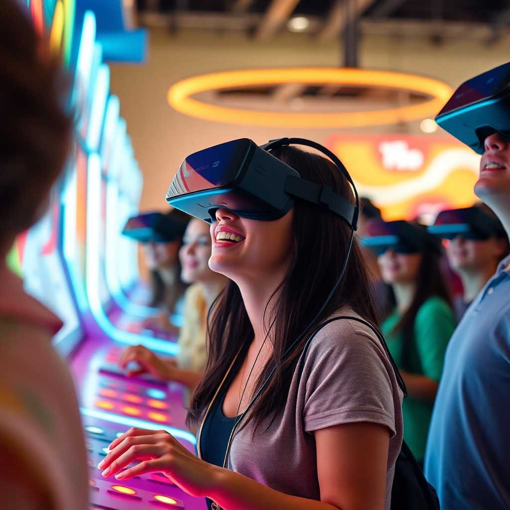 Virtual Reality Arcade with multiple happy customers enjoying their experience
