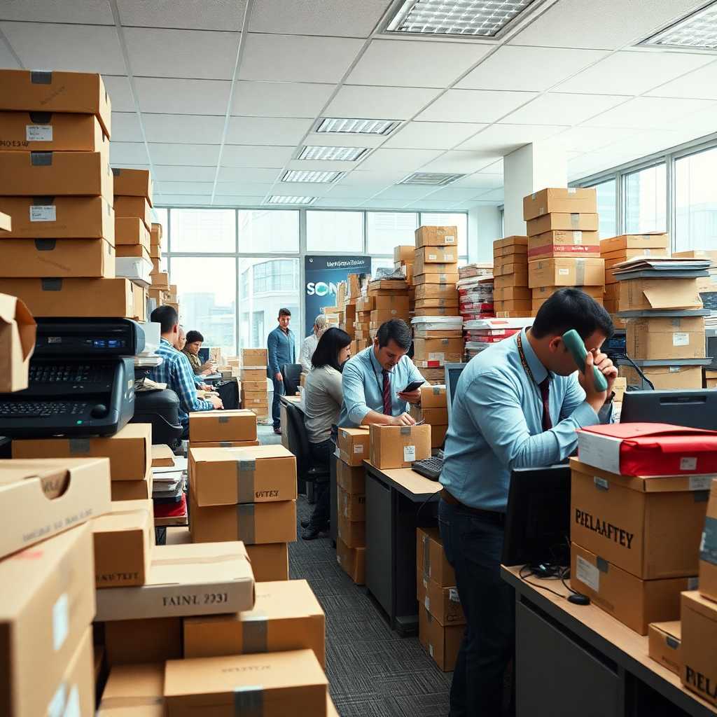 A busy office with stacks of moving boxes and ringing phones