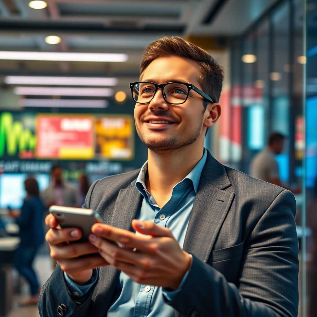 Business owner looking relieved with a phone in hand