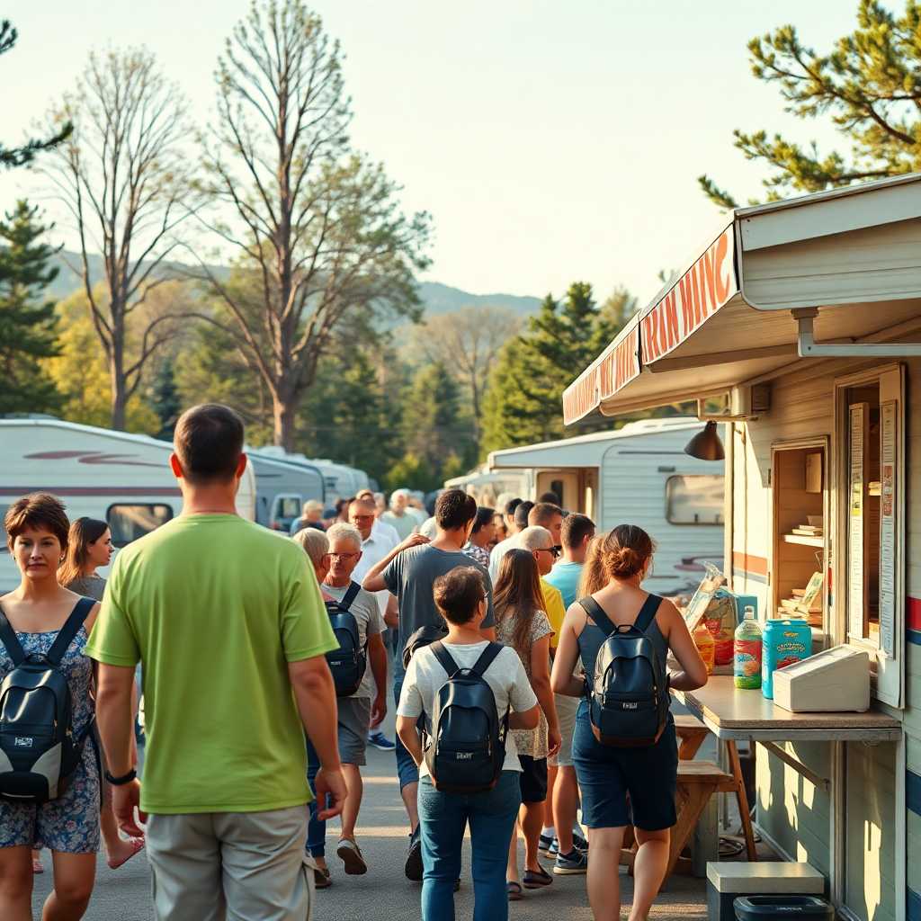 A busy campground with line-up at the rental desk