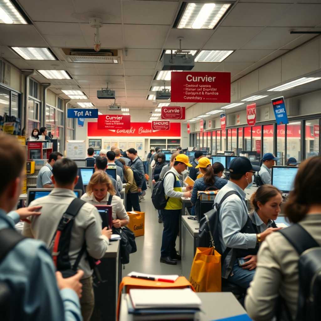 A bustling courier dispatch office, brimming with activity.