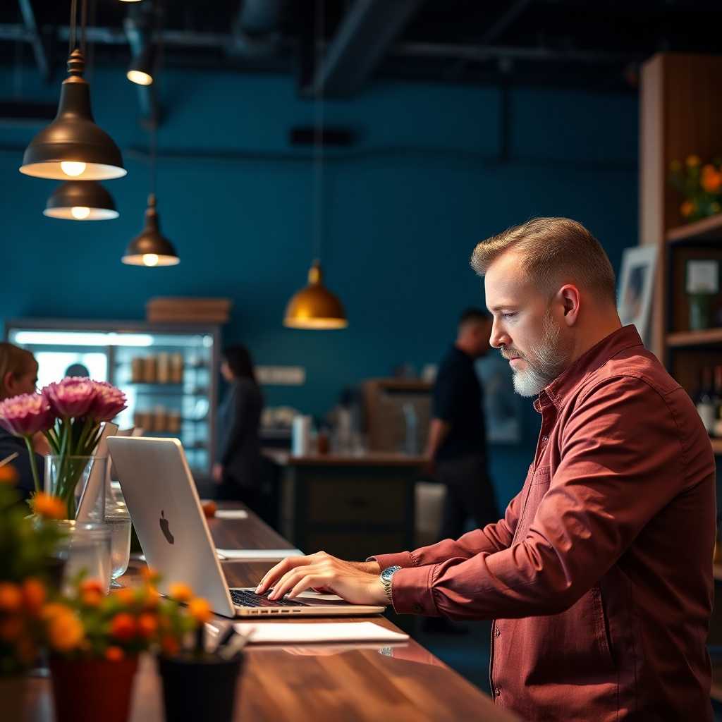 An engaged business owner using TextSupport on a laptop while serving customers