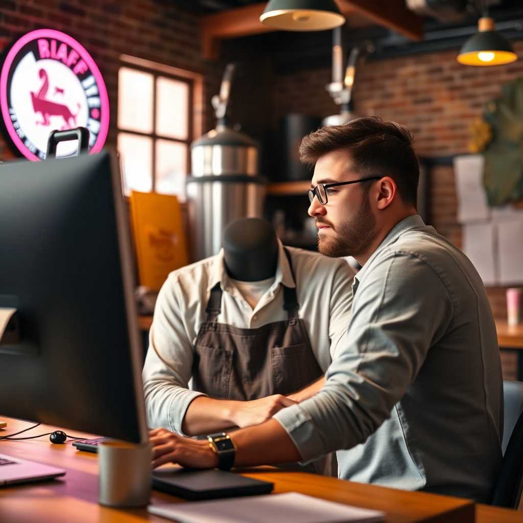 Owner of craft brewery managing messages on a computer