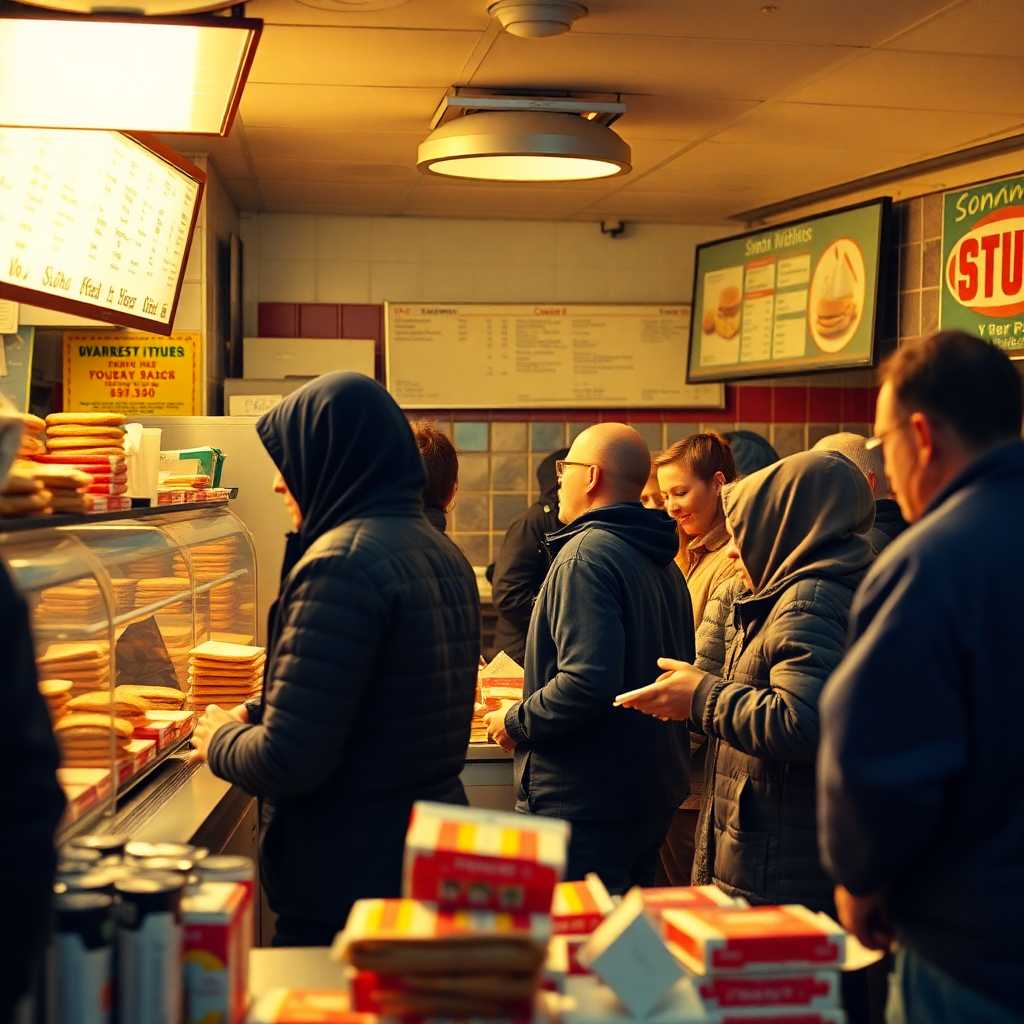 A busy sandwich shop as orders pile up