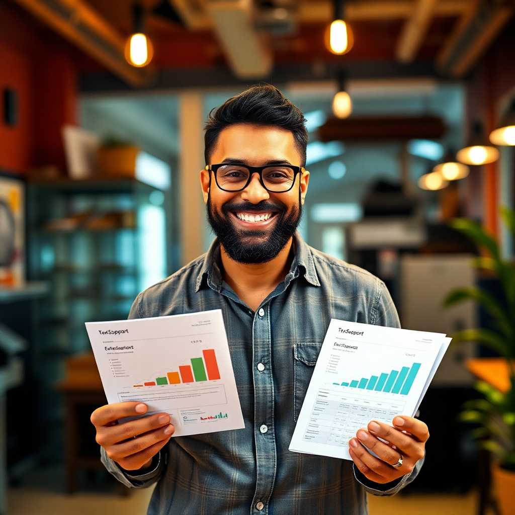Image of a business owner smiling with reports showing increased efficiency, indicative of how TextSupport revolutionizes service operations.