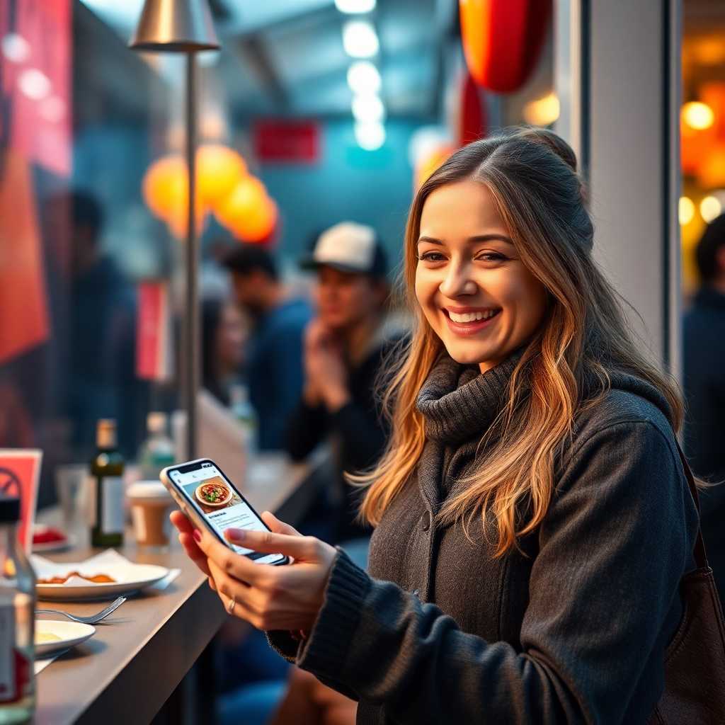 A happy customer receiving prompt SMS updates about menu items
