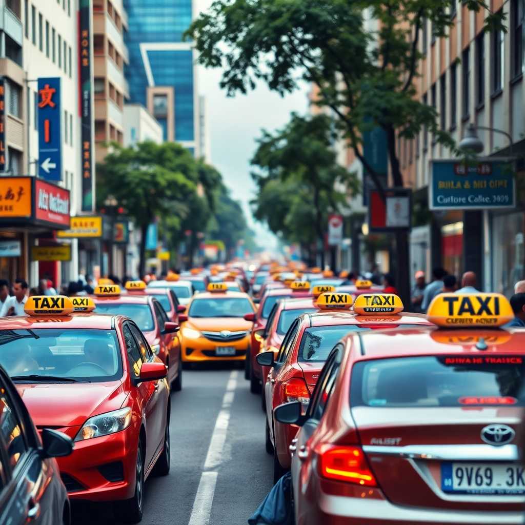 A photorealistic busy street scene showing taxi influx