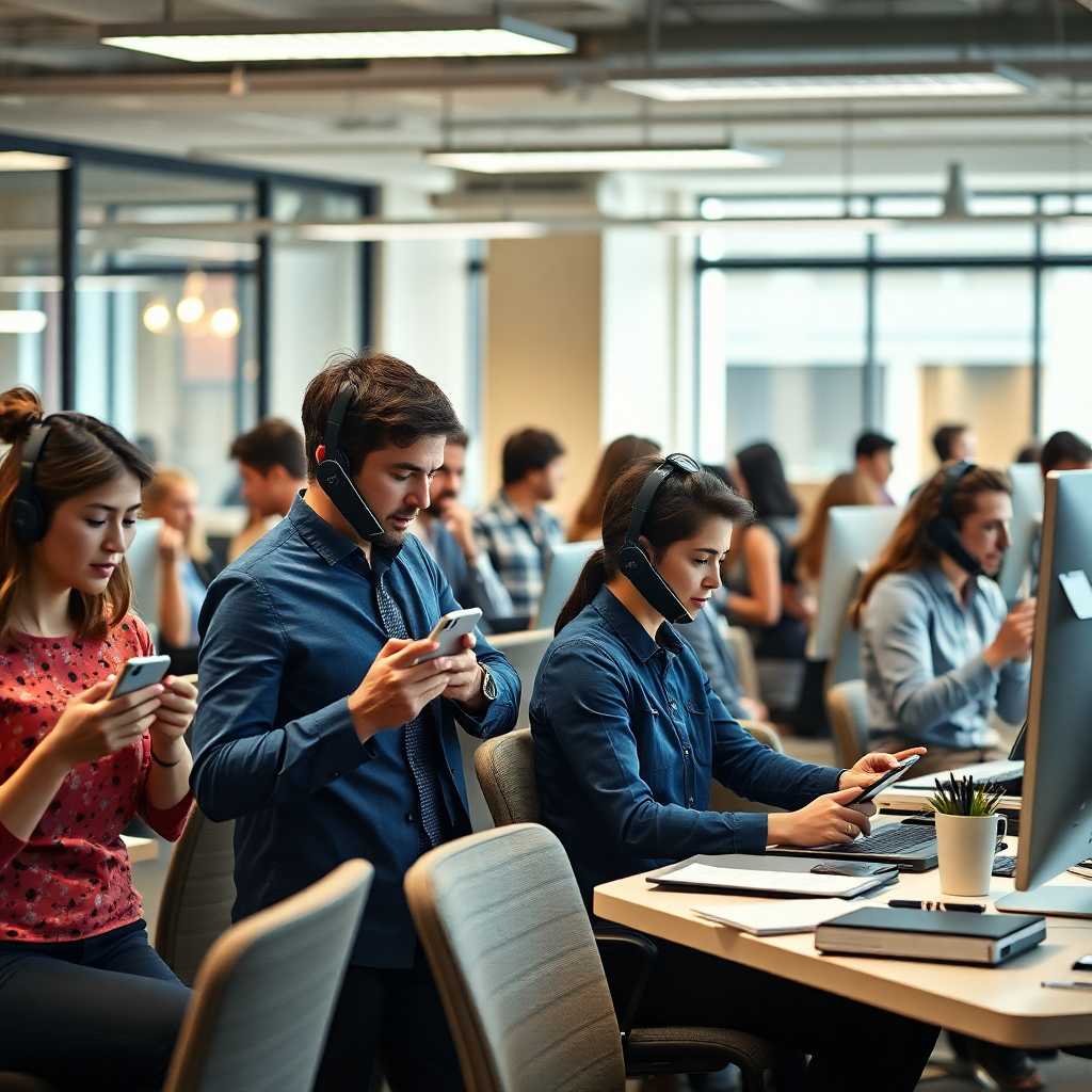 Bustling office with team members juggling phone calls and texts
