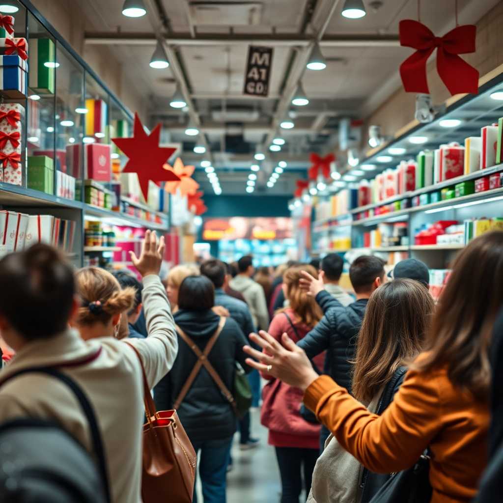 Busy gift shop with multiple customers trying to reach out