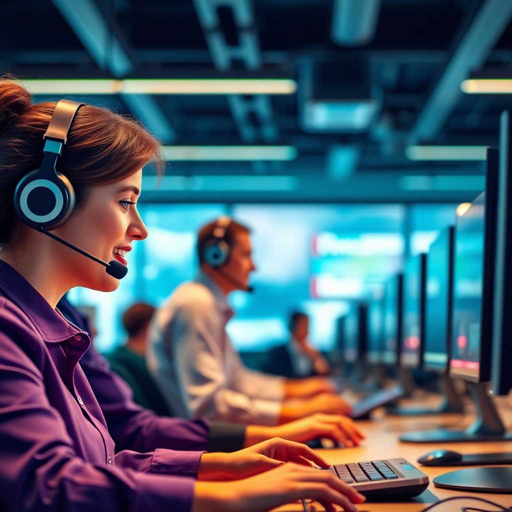 Call center support staff using headsets, leveraging integrated SMS systems. Empowered customer service agents.